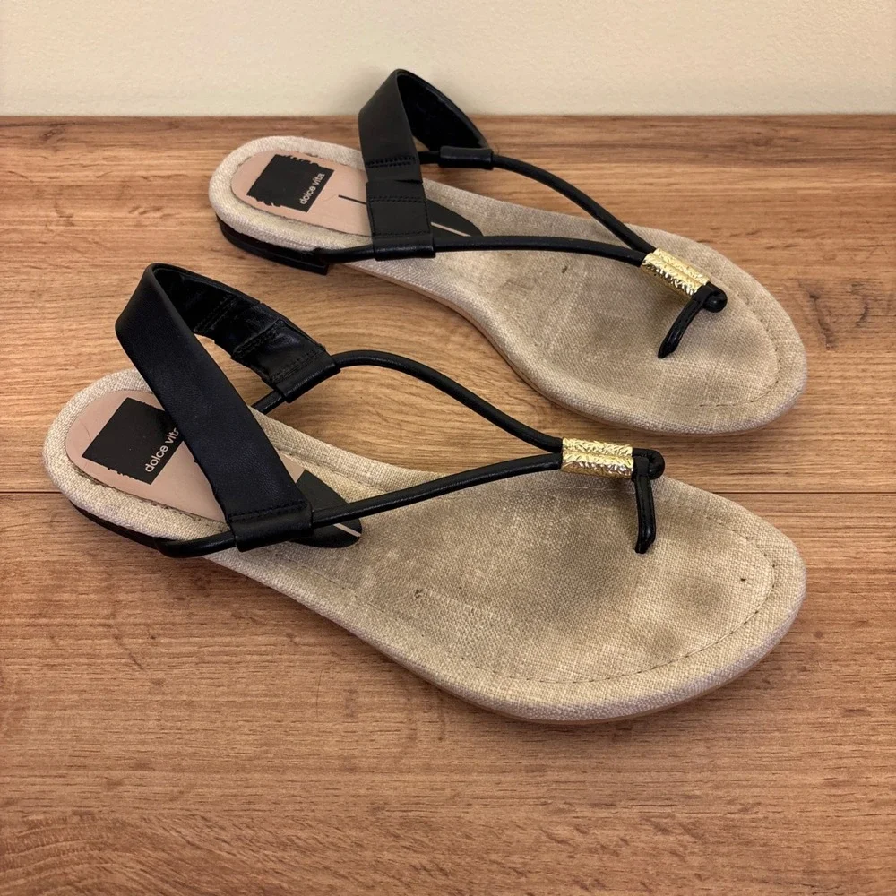 DOLCE VITA Bacey Strap Sandal In Black Women Size 10 Flat Casual‎ Summer Gold